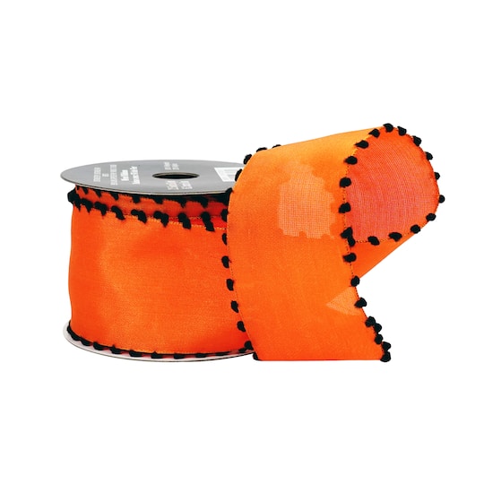 2.5" x 6.6yd. Orange & Black Pom Pom Wired Ribbon by Celebrate It®